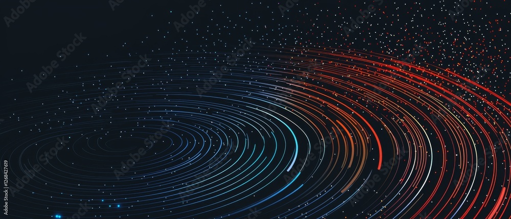 Poster abstract swirls of colorful light particles creating dynamic wave patterns on a dark background for 
