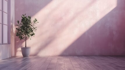 A large wall with a light pink color, a wooden floor, and one potted plant on the left side of it. The background is a simple interior design.