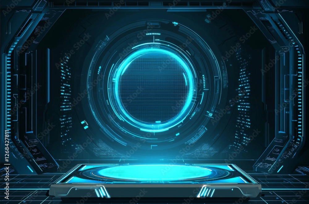 Poster futuristic technology background with glowing blue circular display and digital interface elements