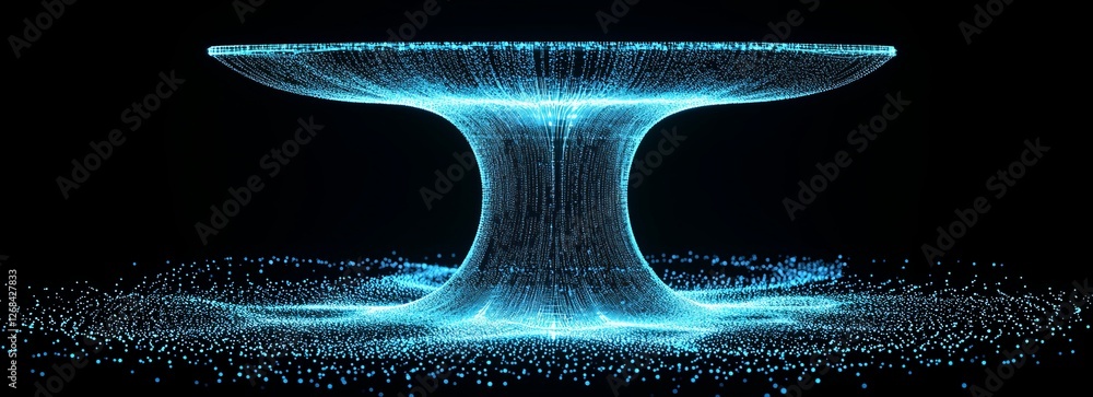 Poster abstract 3d visualization of a futuristic digital flowing structure with blue light particles on a d