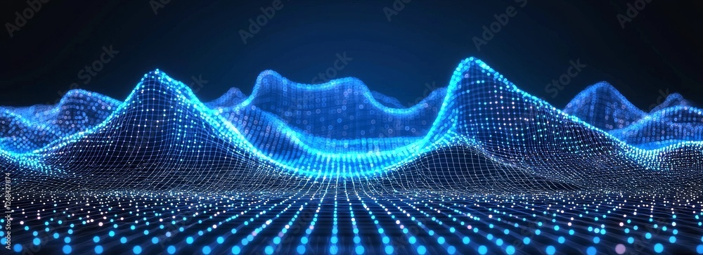Poster abstract digital landscape with blue light dots and waveforms representing data and technology conce
