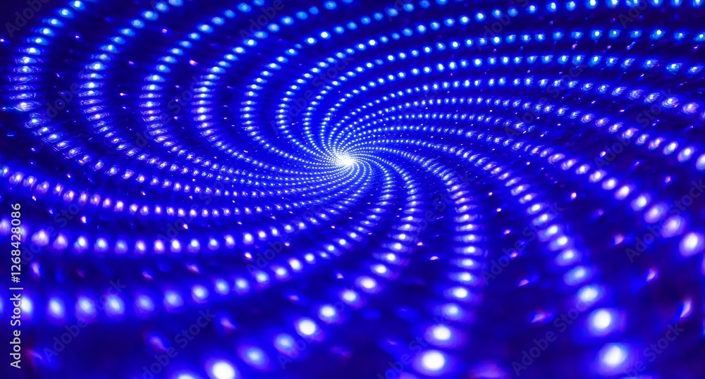 Poster vibrant blue light swirl pattern with radiating dots in a spiral design for abstract backgrounds