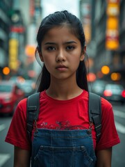 Obraz premium Attractive young filipino girl in red t-shirt portrait on busy city street background, facing front and looking serious