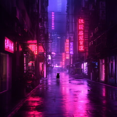 Neon Lit Nighttime Cityscape with Silhouette of a Stray Animal Walking Down a Wet Street