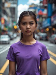Attractive young filipino girl in purple t-shirt portrait on busy city street background, facing front and looking serious