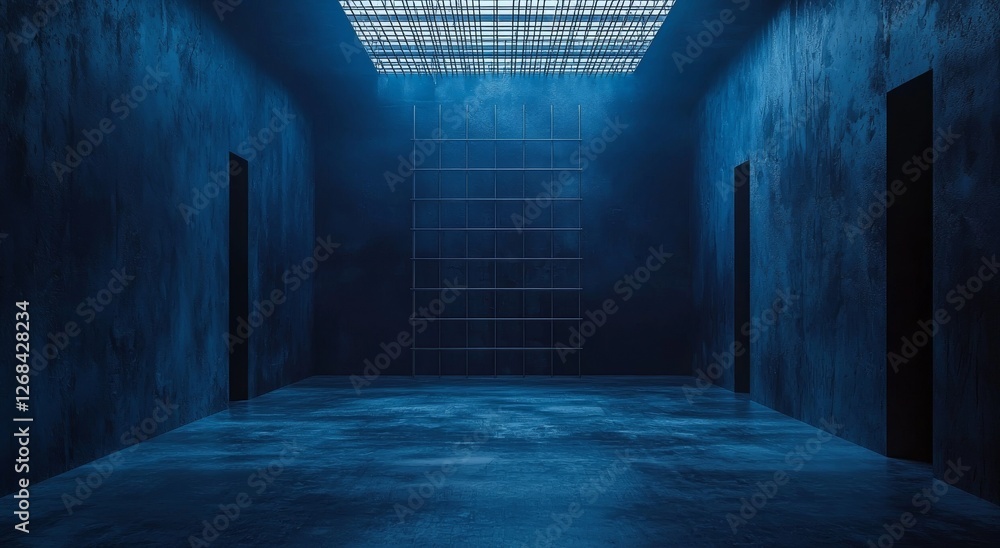 Poster empty dimly lit room with blue tones and grid pattern ceiling illumination for modern architectural 