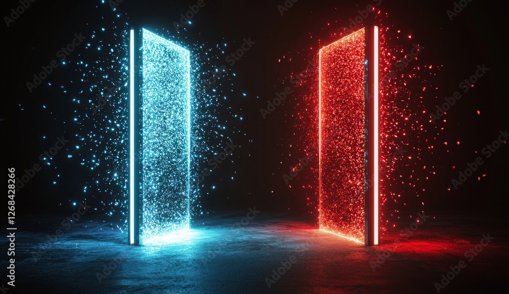 Poster glowing blue and red doorways with illuminated particles in a dark space setting