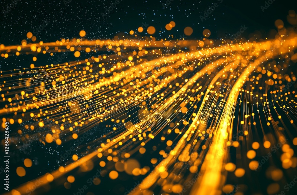Poster abstract digital background with vibrant golden particles creating an illusion of light trails and m