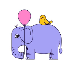 Elephant with balloon and bird cartoon hand drawn illustration