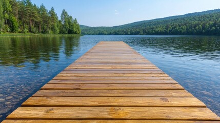 Obraz premium Wooden dock extends into a calm blue lake surrounded by lush green forests under a clear sky during a bright sunny day.