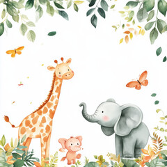 illustration of a giraffe, elephant, stand stretched horizontally, Secondary details, like the leaves in the top background,