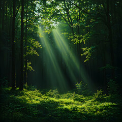 Obraz premium Sunbeams in Lush Green Forest