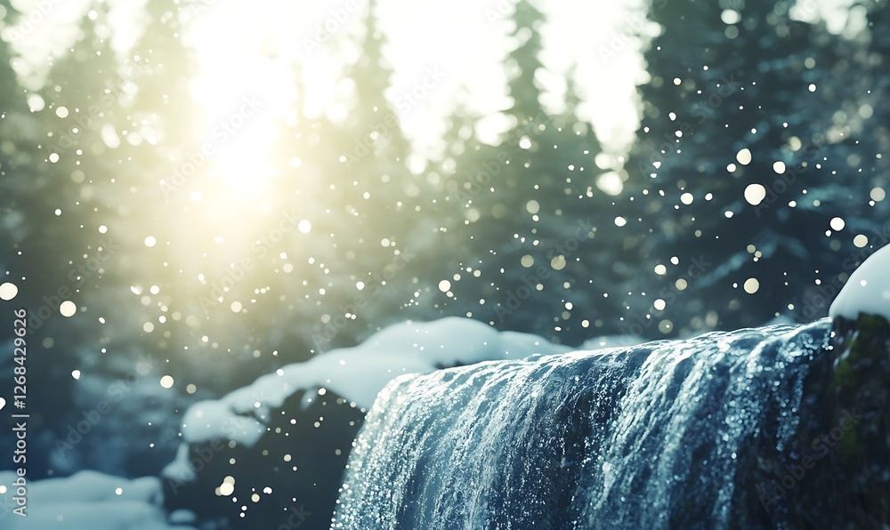 Poster a stunning image of a frozen waterfall cascading over a rocky cliff in a wintry landscape.