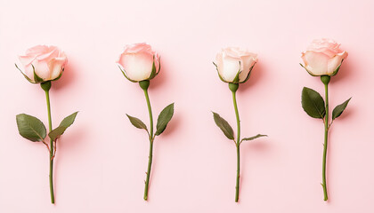 Fototapeta premium Four pink and white roses arranged on a soft pink background.