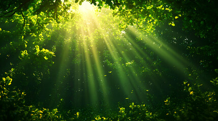 Sunbeams Through Lush Green Forest Canopy