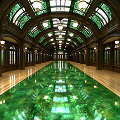 Fototapeta premium Opulent Interior Design with Green Marble Floor and Ornate Ceiling in Elegant Architecture Space