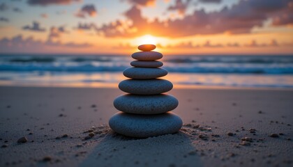 Fototapeta premium Zen Stone Stack on Beach at Sunset – Balance and Tranquility