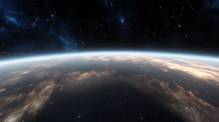 Obraz premium Orbital Glimpse of a Cloudy Exoplanet Showing a Distant Starfield and the Curve of the Atmosphere