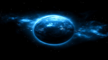Obraz premium Orbital Rendezvous of Spacecraft Around Exoplanet with Vibrant Blue Atmosphere and Nebula Scenery