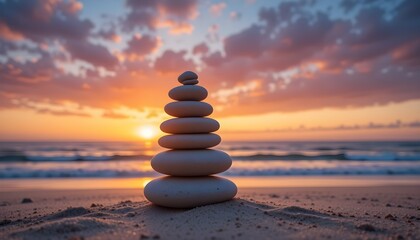 Zen Stone Stack on Beach at Sunset – Balance and Tranquility