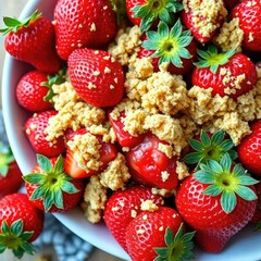 Strawberry crumble topping over fresh strawberries, topping, crunchy, textured