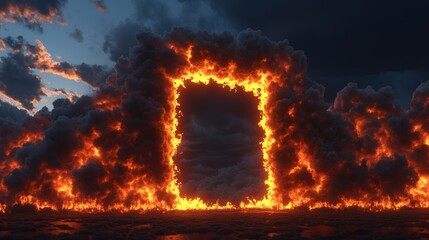 Large fire burning in the sky with a mysterious doorway revealing flames in a dense forest landscape