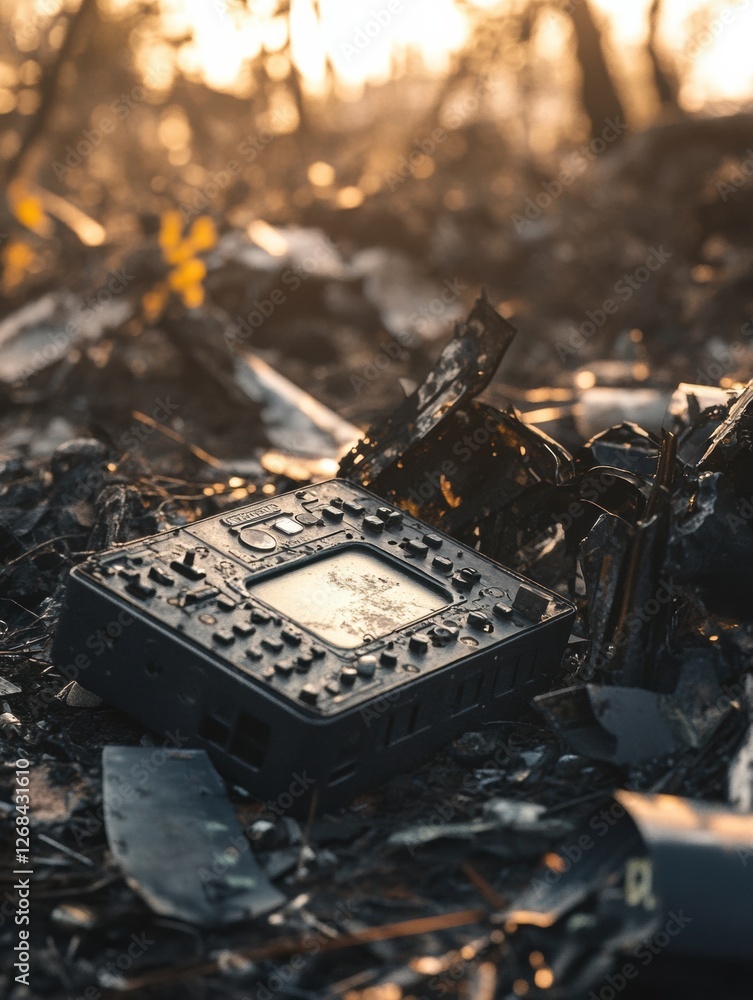 Poster black box recorder found among scattered airplane debris in a crash site during late afternoon light