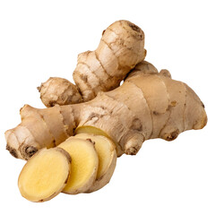 Natural image of raw ginger root and slices presented against a black background