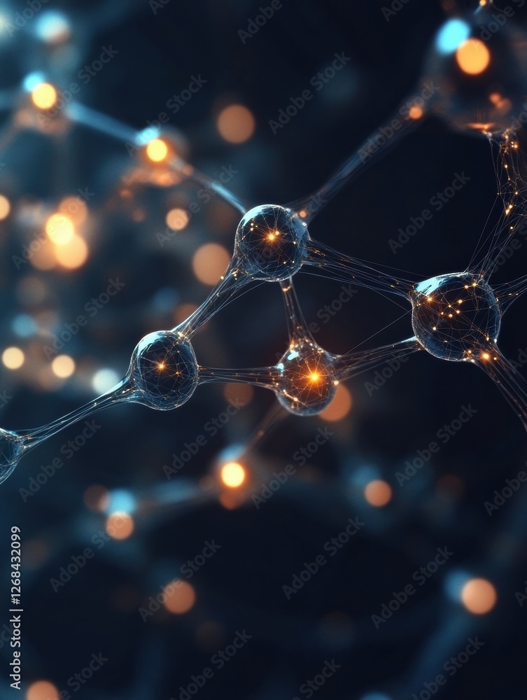 Aufkleber Close up view of molecular structure showcasing intricate connections and glowing particles in a dark background. Generative AI