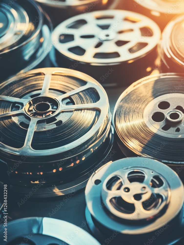 Fototapete close up view of vintage film reels and tape arranged creatively with empty space for text insertion