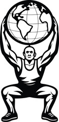 Muscular man holding a large globe premium quality silhouette and line art vector illustration design