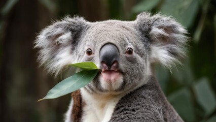 Fototapeta premium Closeup portrait of a koala bear holding a green eucalyptus leaf, with a serene outdoor background.