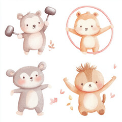 Obraz premium Four happy little animals are exercising, one holding a small dumbbell and the other using a hula hoop, posing in different positions and expressions. Cute watercolor clip art
