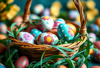 Easter basket overflowing with vibrant hand painted eggs sits among colorful flowers, showcasing the joy of spring festivities and celebration.