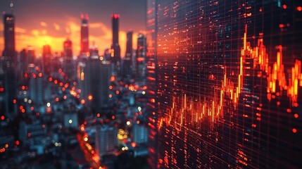 Obraz premium Cityscape at Sunset with Stock Market Data Display and Glowing Financial Trends
