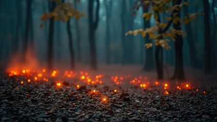 Naklejka premium Twinkly lights scatter on a misty autumn forest floor, natural ambiance, dark red glitter