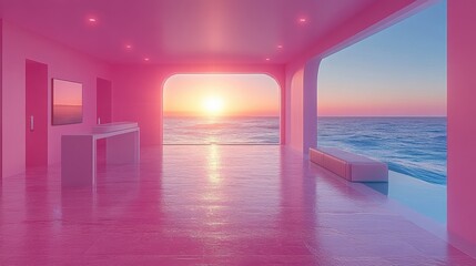 Bright Pink Modern Interior with Ocean View at Sunset