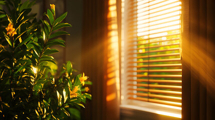 Sunlight Streaming Through Wooden Blinds Illuminating Green Plant