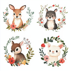 Fototapeta premium cute illustrations of animals in floral wreaths on white background 