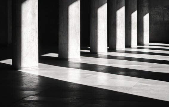 Abstract architectural background with concrete columns and light shadows on the floor. The concept of modern design, construction, engineering, or industrial architecture