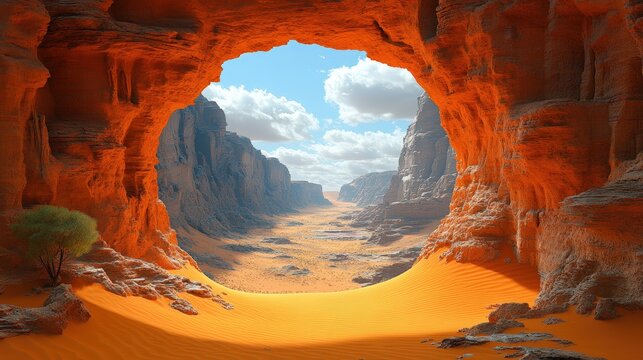 Large natural arch in desert landscape with doorway opening to expansive arid terrain and clear blue sky