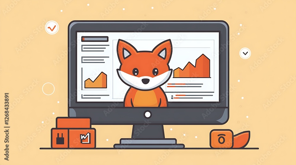 Poster a cartoon fox views business data on a computer screen