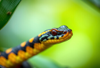 Colorful Wagler's Pit Viper Tropidolaemus Wagleri Perched on Foliage, Showcasing Its Vibrant Scales in Natural Habitat