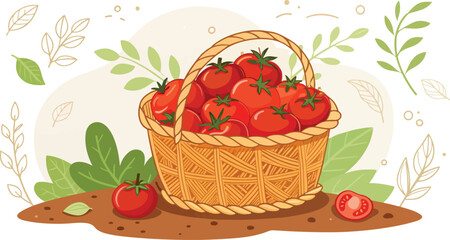 Tomato vector design, Red Tomatoes in basket with Tomato slice in natural background Illustration vector design