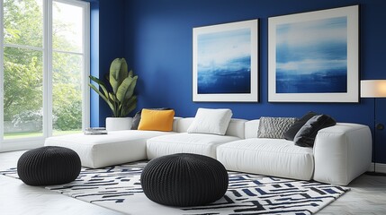 Stylish deep blue interior design featuring modern furnishings and vibrant accents in a cozy living space