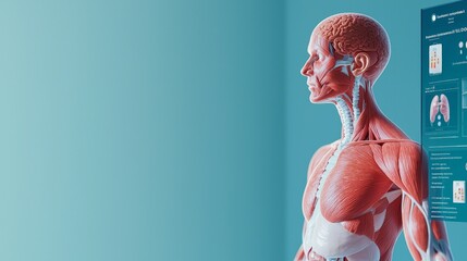 Drug Discovery: Advancing Molecular Science and Pharmaceuticals, Human anatomy model showcasing muscles and organs with a digital interface in a clinical setting.