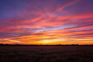 Obraz premium Vibrant sunset colors of pink, orange, and purple streak across the sky above a tranquil, open field.