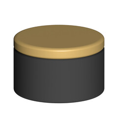 3d black cosmetic jar with a gold lid, round container for skincare products on a transparent background clipart