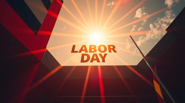 High-resolution stock photo Abstract Labor Day representation viewed from a low angle, showcasing warm golden hour light.