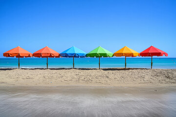 Fototapeta premium Colorful Beach Umbrellas in a Row on a Sandy Shore with a Clear Blue Sky and Ocean View